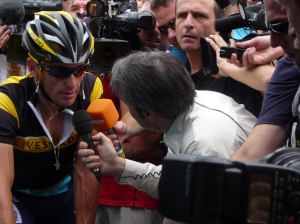 Cyclist Lance Armstrong being interviewed after cycling. Photo: Supplied